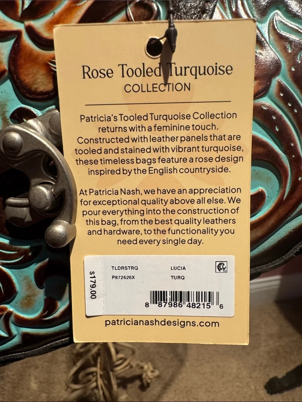 Patricia Nash Rose Tooled Floral Leather Crossbody Bag - Brown & Turquoise NWT